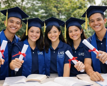 Smiling Lexus Hospitality School graduates in blue caps and gowns holding diplomas at graduation.