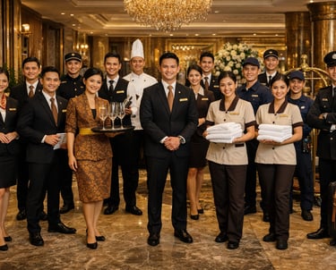 Professional luxury hotel staff team in uniforms smiling in a grand lobby.