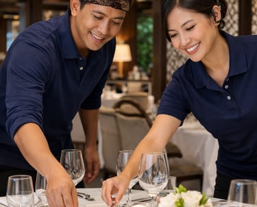 Two smiling professional servers setting a formal dining table with glassware and silverware.