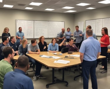 A team mapping out a streamlined workflow on a whiteboard in a bright office.