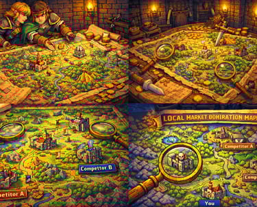 16-bit RPG pixel art illustrating Boise-based local market domination mapping, showing SEO strategy 
