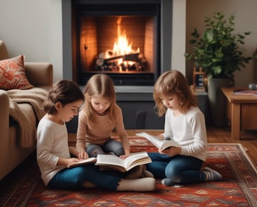 A cozy Harry Potter-style library with warm brown, orange, and red tones, softly lit with a festive glow.