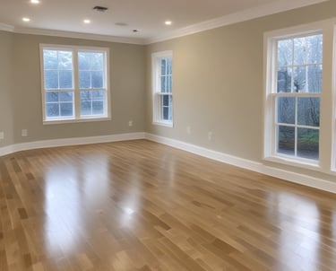 A freshly painted cozy living room with soft neutral walls and bright natural light.