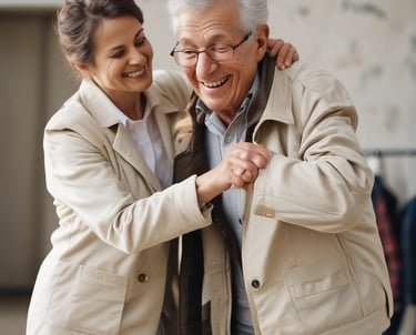 Cozy living room with warm lighting and comfortable seating in a senior group home.