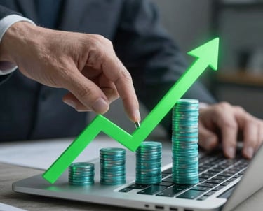 Abstract digital currency networks glowing softly in emerald and gold hues on a blurred finance center backdrop.