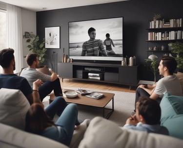 A friendly group of diverse adults smiling together in a cozy shared living room.