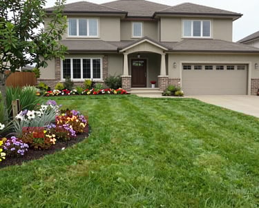 A freshly mowed lawn with clear, neat edges under bright sunlight.