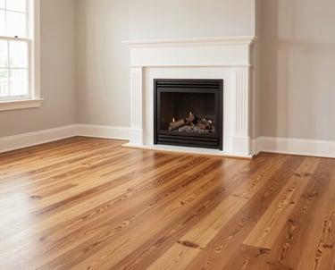 Living room featuring wide plank pine hardwood floors and a white fireplace mantel.