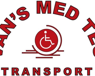 Van's Med Tec Transport logo featuring a red wheelchair icon for medical mobility services.