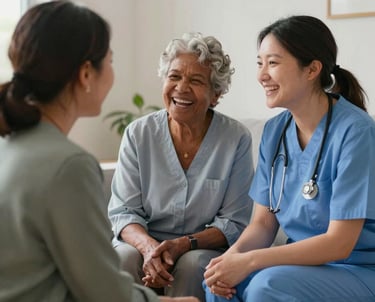 A friendly caregiver sitting and sharing a laugh with an elderly man in a cozy living room.