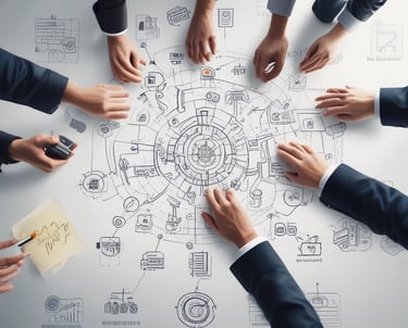 A team of professionals collaborating over advanced technology devices in a modern office.