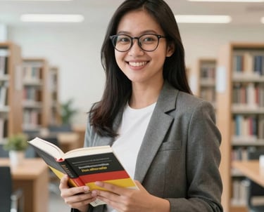 A professional portrait of a young Southeast Asian / Indonesian woman wearing glasses and a smart casual outfit. She is holding a German textbook and smiling brightly. The background is a clean, minimalist library or study area with bright lighting.