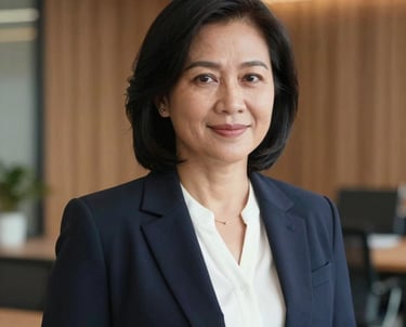 A professional portrait of a Southeast Asian / Indonesian woman in her late 40s, wearing a dark navy blazer and white blouse. She has a confident and welcoming expression. The background is a soft-focus modern office interior with warm wood textures.