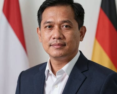 A professional headshot of a Southeast Asian / Indonesian man in business attire, looking knowledgeable and approachable. He is standing in front of a white wall where a small Indonesian and German flag are subtly visible in the background. High-key lighting, professional photography.