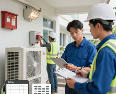Technician checking HVAC system controls inside a modern commercial building.