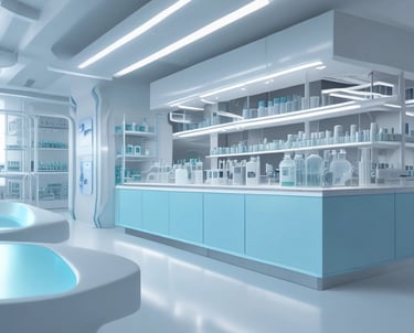 A bright, modern laboratory workspace with blue and white accents, showing enzyme-based cosmetic and cleaning products.