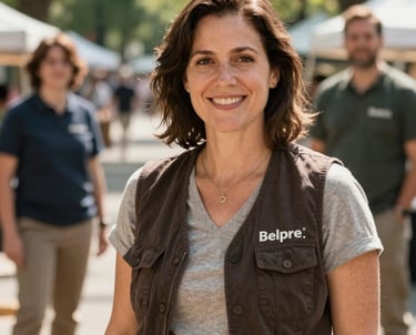 A professional portrait of a woman with a welcoming expression, wearing a casual dark brown vest. She stands in a sunlit outdoor park setting, representing the friendly and trustworthy team behind the Belpre market.