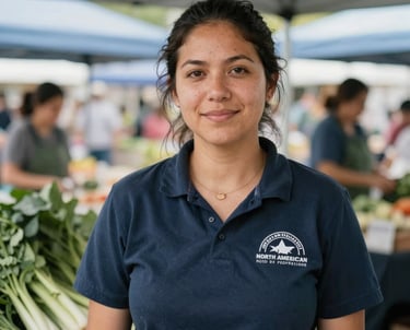 A portrait of a woman standing near a market stall, surrounded by natural elements. She has a bright, approachable look, typical of the community-centric staff at a local North American farmers market.