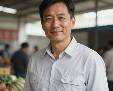 A portrait of a man in his early 40s, wearing a clean work shirt, looking directly at the camera with a confident and kind expression. He is photographed in the natural light of an outdoor market space.