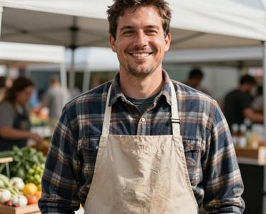 A portrait of a friendly man in a flannel shirt and apron, standing in front of a market stall. He has a warm smile, representing the community-focused leadership of the Belpre market. Natural, outdoor lighting.