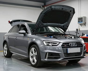 A technician using a diagnostic scanner connected to a modern vehicle dashboard.