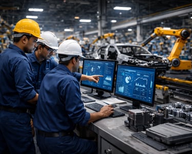 Senior manufacturing leaders reviewing risk elimination plan in factory office