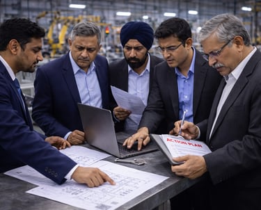 Senior manufacturing leaders reviewing risk elimination plan in factory office