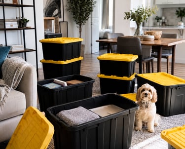 Small dog sitting beside black and yellow reusable moving totes in an apartment.
