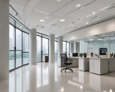 A clean, freshly reinstated office space with neutral tones and polished floors.