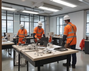 Workers in safety gear dismantling an office interior with precision and care.