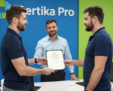 A professional woman receiving her official certification with a proud smile in a modern office setting.