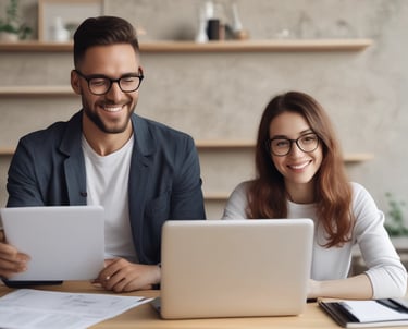 A group of professionals collaborating in a modern office setting.