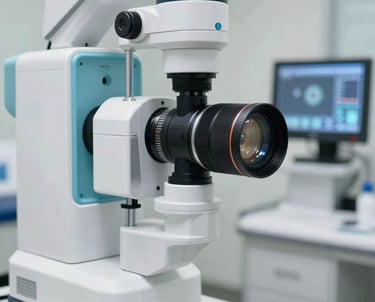 A high-tech optical diagnostic machine in a modern North American clinic in Indiana, capturing sharp focus on lens surfaces and digital interfaces. The lighting is bright and professional, utilizing a color palette of white, teal, and dark navy.