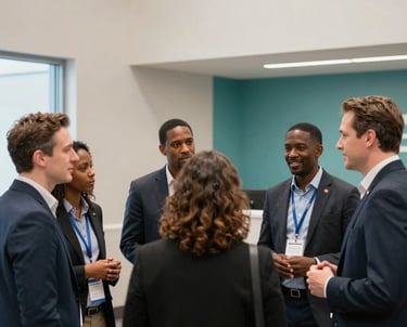A group of diverse optical professionals in professional attire engaged in a friendly, collaborative discussion at an industry networking event in Indiana. The atmosphere is energetic and welcoming, featuring clean architecture and off-white and teal decor.