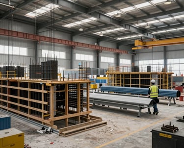Engineers collaborating over digital blueprints on a tablet in a bright office.