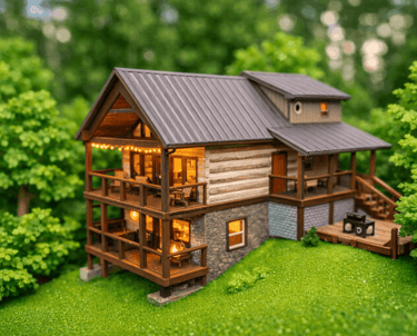 three-story hand-hewn log cabin with multi-level decks in the Smoky Mountains, Gatlinburg TN