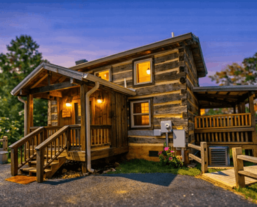 1BR/1BA hand-hewn log cabin porch at dusk, Gatlinburg TN