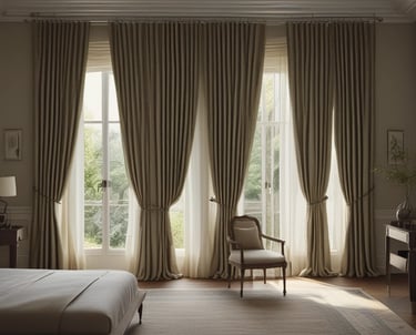 Luxurious custom curtains and draperies hanging in a sunlit elegant living room.