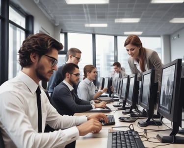 A professional team collaborating over computers in a modern office environment.