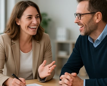 Healthcare consultant reviewing care facility data with staff in a bright meeting room.
