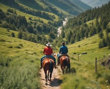 Guests riding horses along a scenic trail surrounded by lush forest.