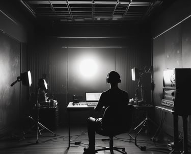 A moody recording studio scene with Vio wearing headphones, bathed in sharp white and deep blue light.