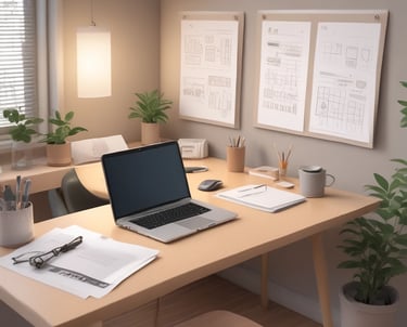 A therapist’s desk with organized notes and a laptop open to a reflective journal.