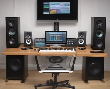 A sleek recording studio setup with purple and gold accents, featuring a microphone and mixing console.