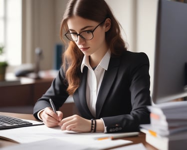 A focused student studying banking exam materials at a desk with a laptop and notes.
