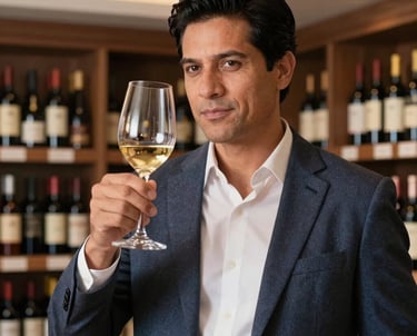 Portrait of a professional South American man holding a wine glass with expertise, dressed in a smart casual style, located in an upscale wine cellar room, warm lighting.
