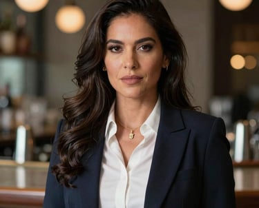 Portrait of a sophisticated South American woman in elegant attire, standing in a contemporary bar environment with soft bokeh lights, professional headshot style.