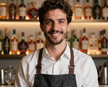 Portrait of a man in professional hospitality attire with a friendly and expert expression, set against a background of backlit shelves with high-end spirits, Brazilian bar context.