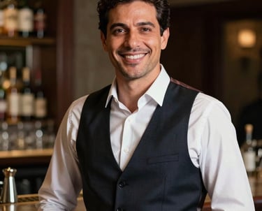 Portrait of a professional man in a tailored dark vest and white shirt, smiling warmly in a sophisticated bar setting in Brazil, soft lighting, professional photography.