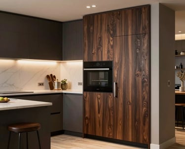 A craftsman carefully installing a custom wooden kitchen in a cozy home setting.